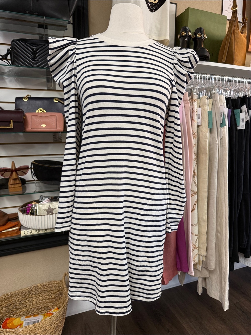 Clare V. Le Puff Long Sleeve Navy Cream Stripe T-Shirt Mini Dress Size XS - Picture 2 of 12